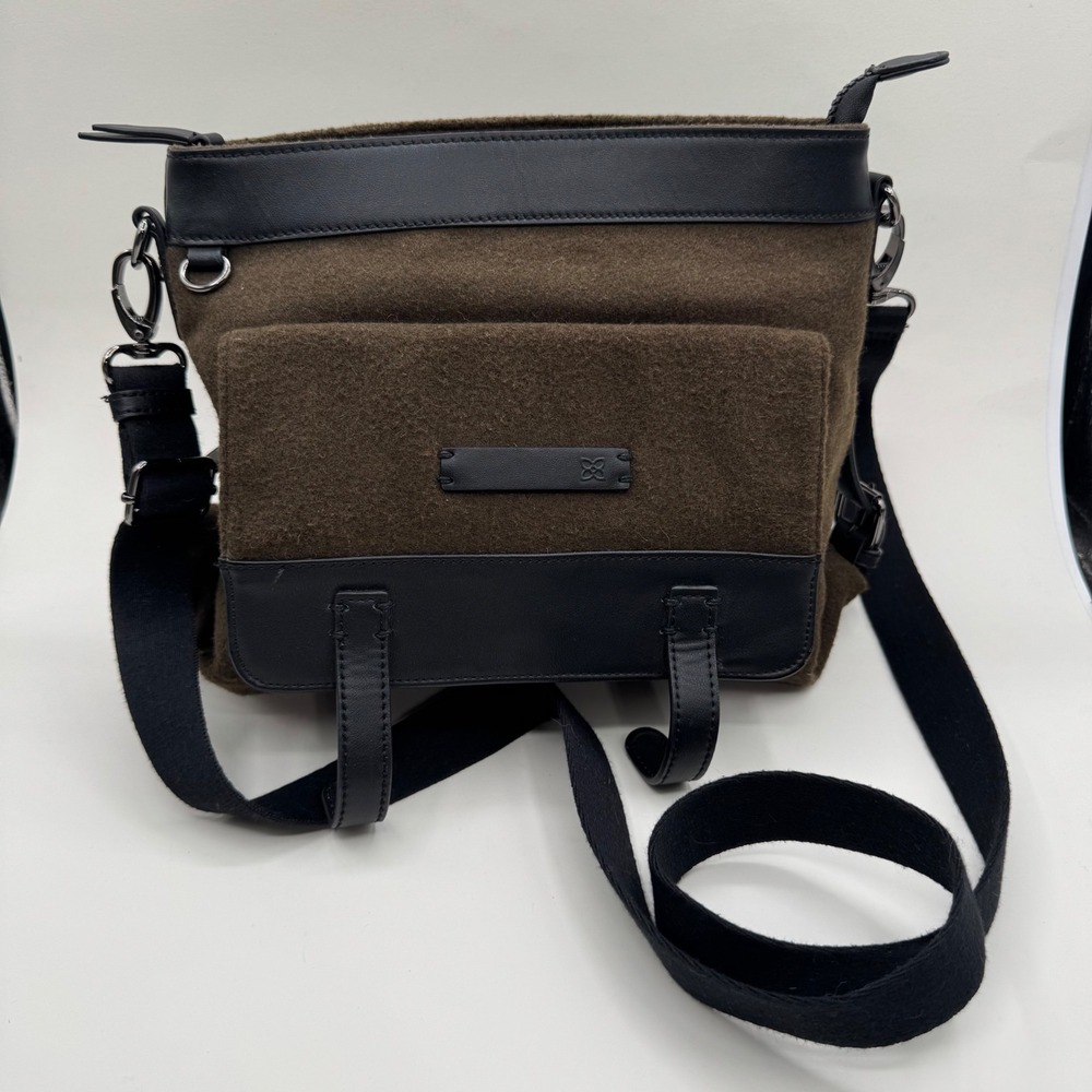 Sherpani Willow Crossbody Bag Purse Olive Brown Wool Blend Black Trim Women's